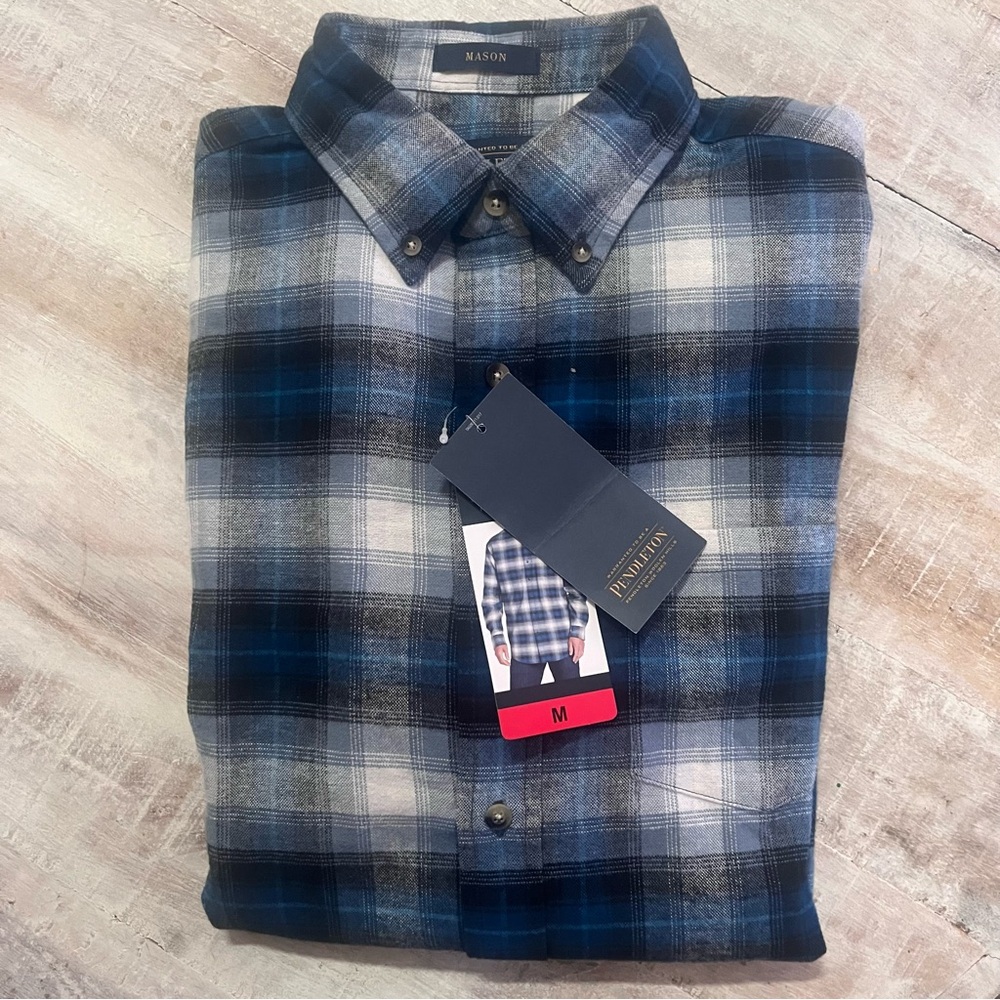 Pendleton Mason Plaid Flannel Shirt Blue Gray Black White Cotton Medium Men’s